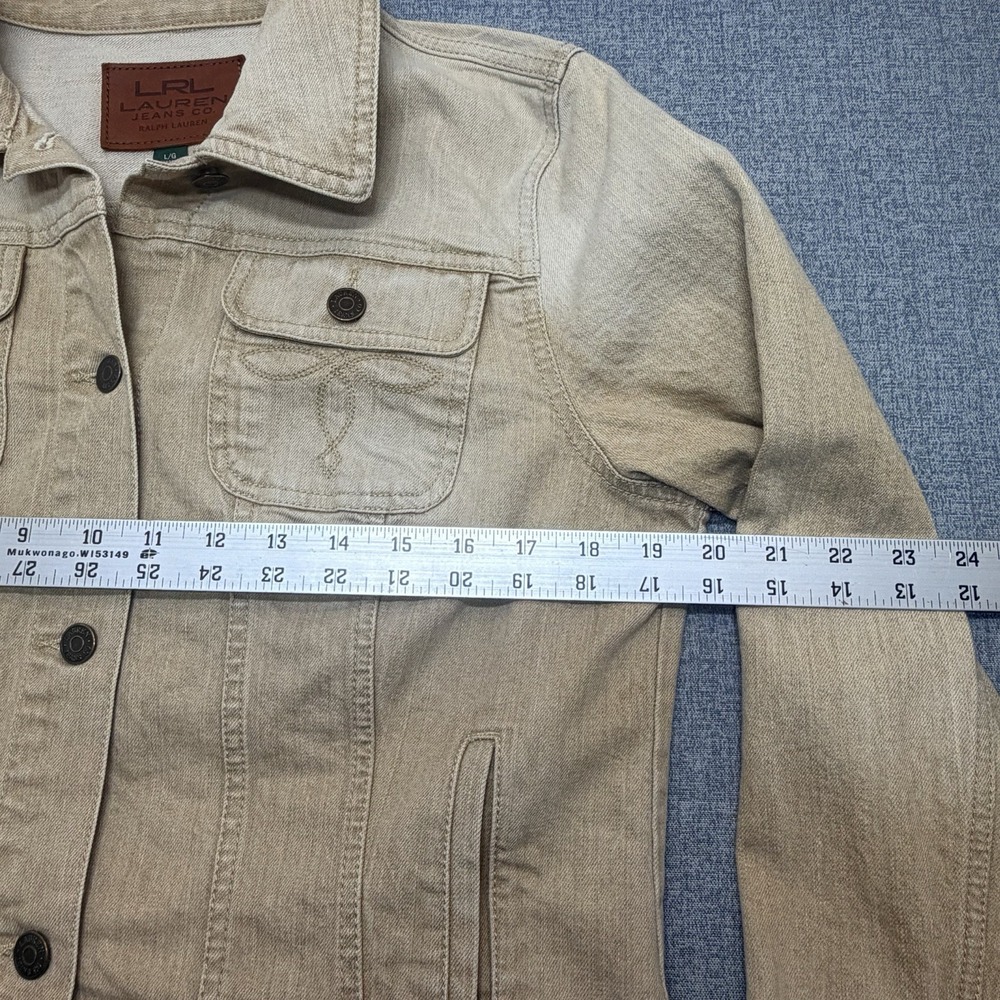 LRL Lauren Jeans Co Ralph Lauren Womens Denim Jacket Large Beige Stretch - Picture 7 of 8